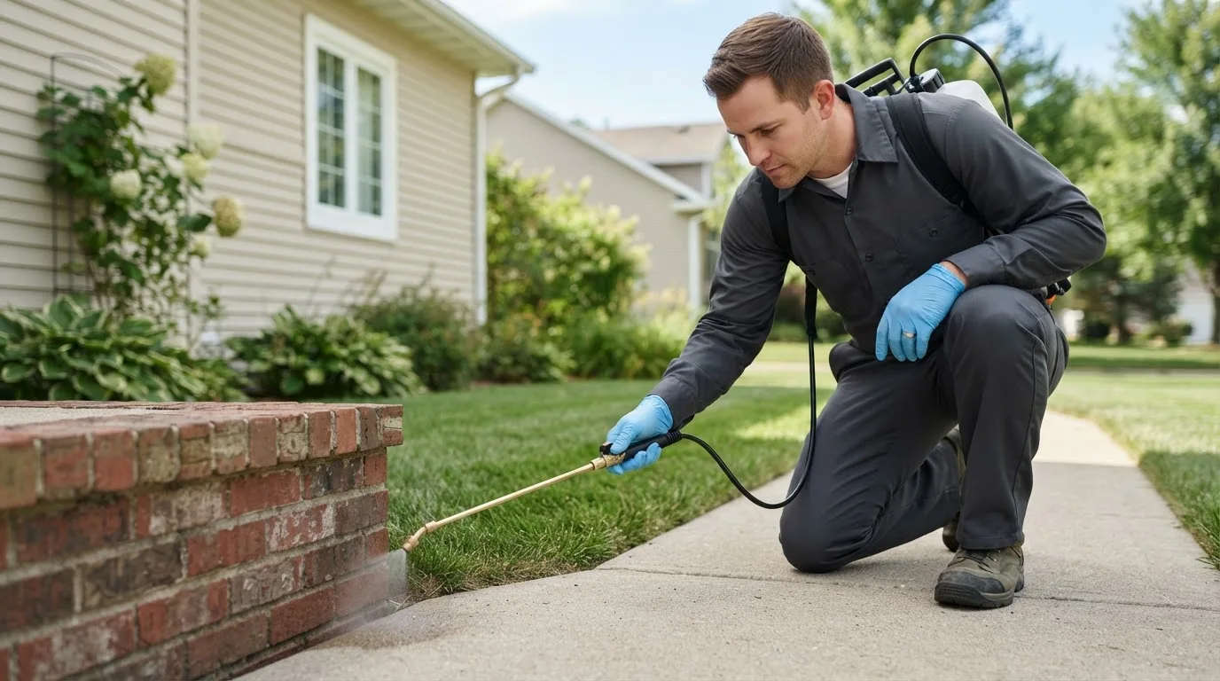 Pest control technician treating a home near Winooski, VT